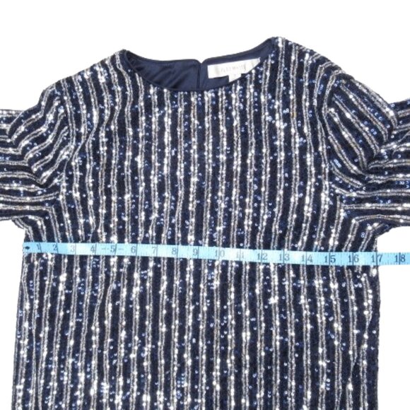 Anthropologie Flat White Short-Sleeve Sequin Stripe Midi Dress Navy S - Picture 5 of 11